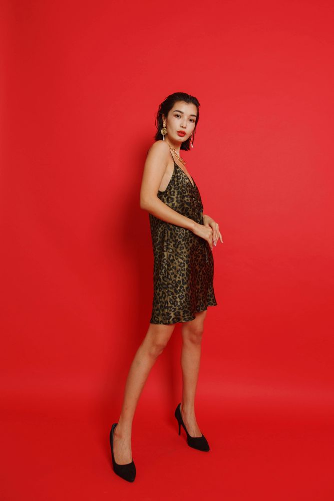 Woman in leopard print dress standing against red background