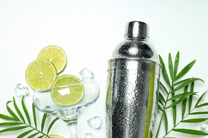Concept of preparing cocktail, shaker, top view
