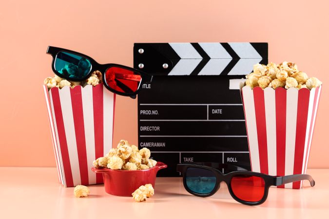 Concept Popcorn Date Movie Night, Clappers with 3D Googles and  Caramel Popcorn