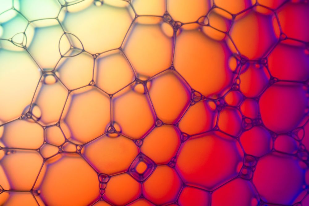 Abstract background bio technology, macro photography foam and water with gradient background. Molecule multicolor backgorund