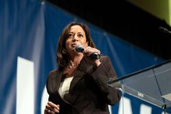 Cedar Rapids, IA, USA - June 9 2019: Kamala Harris speaking on stage at Iowa Democrats event