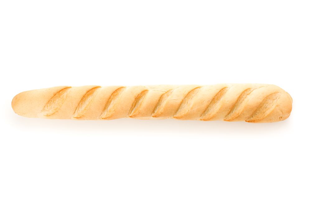 Baguette isolated on blank background, top view. Bakery products