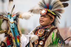 Red Wing, MN, USA - July 8th, 2017: Native American child in traditional dress