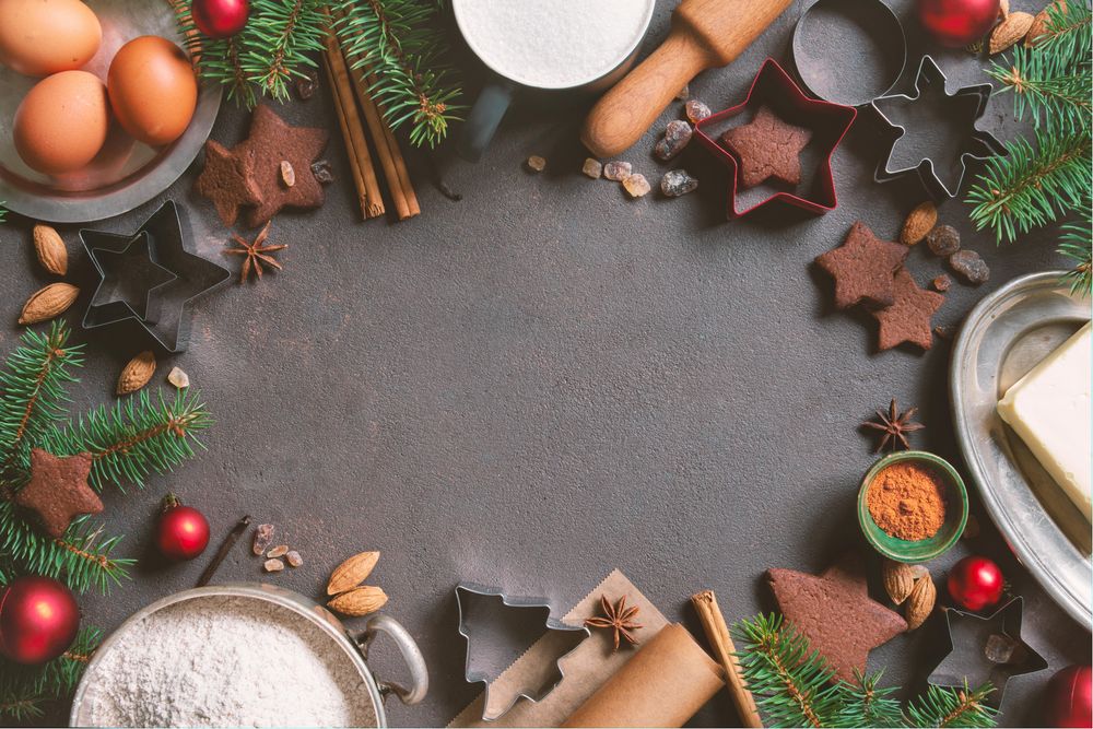 Christmas or New Year pastry decorated with fir branches, copy space