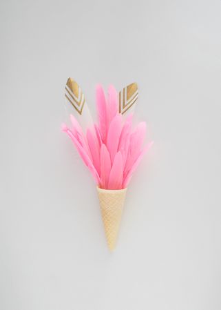 Ice cream cone with pink feathers