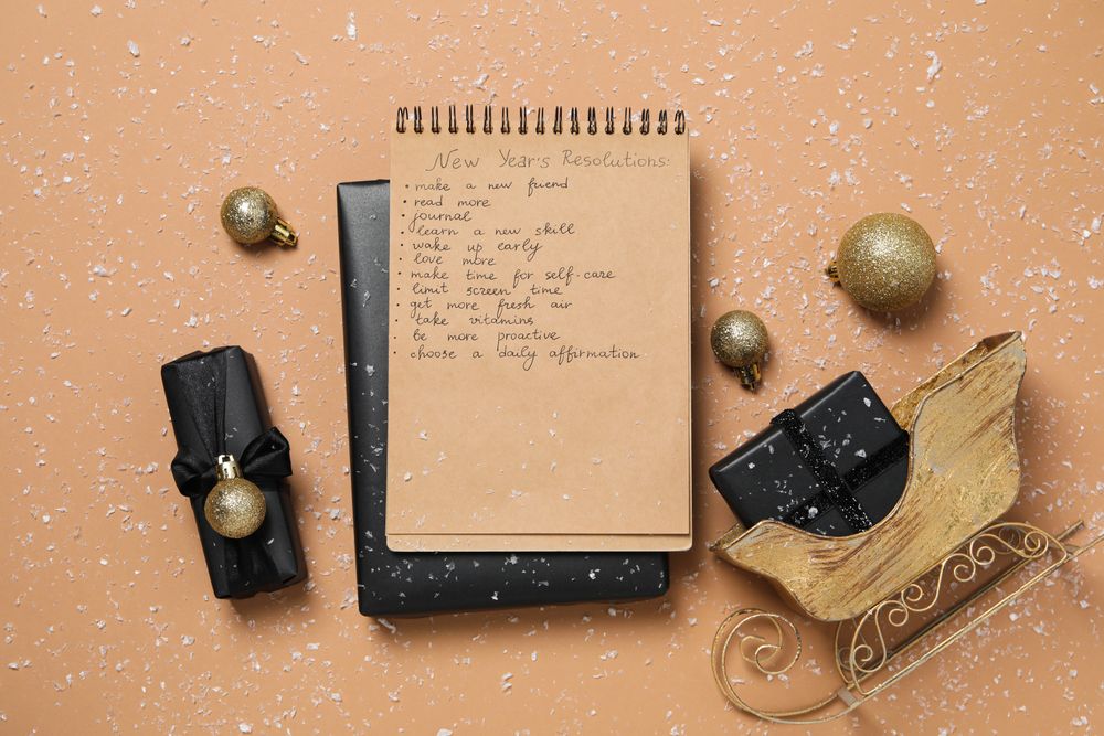 Concept of New Year Resolutions list, new year goals, top view