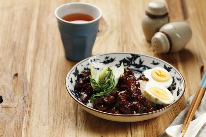 Lu Rou Fan,  Braised Pork Meat on Steamed Rice with Boiled Egg