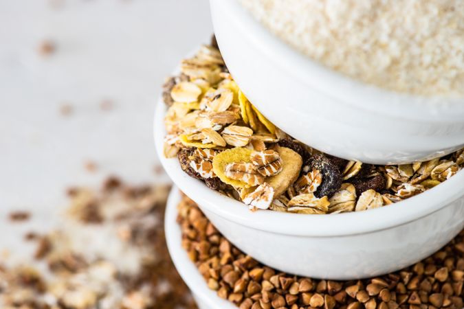 Close up of three bowls full of super food grains 