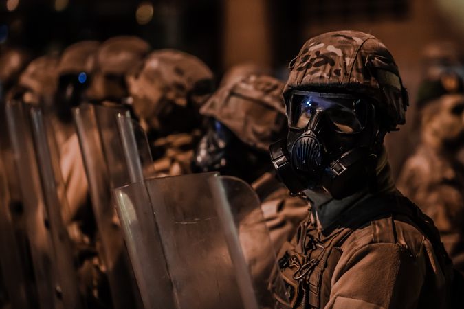 Armed soldiers with gas masks during Lebanese protests