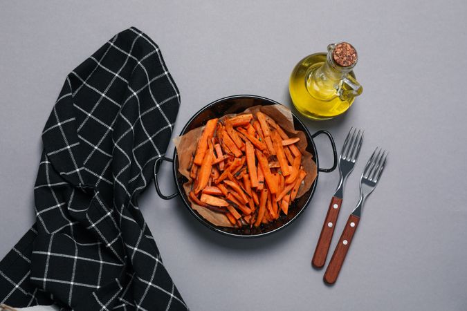 Concept of tasty food, fried sweet potato, top view