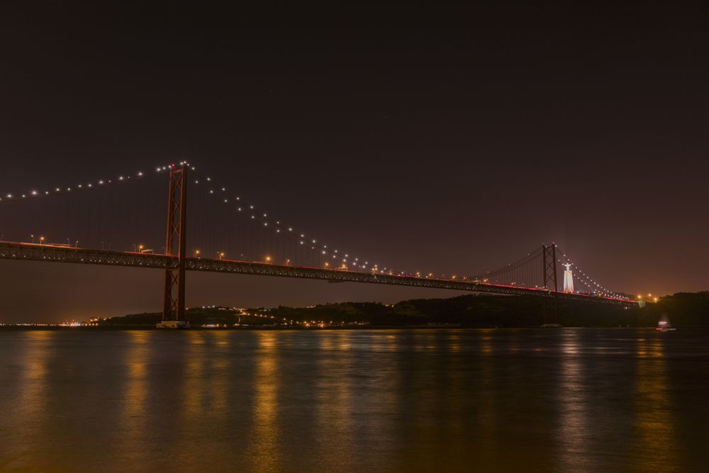 River and big illuminated bridge
