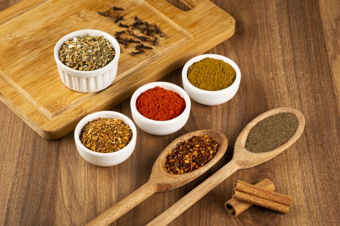 Variety of spices and seasonings on the table.