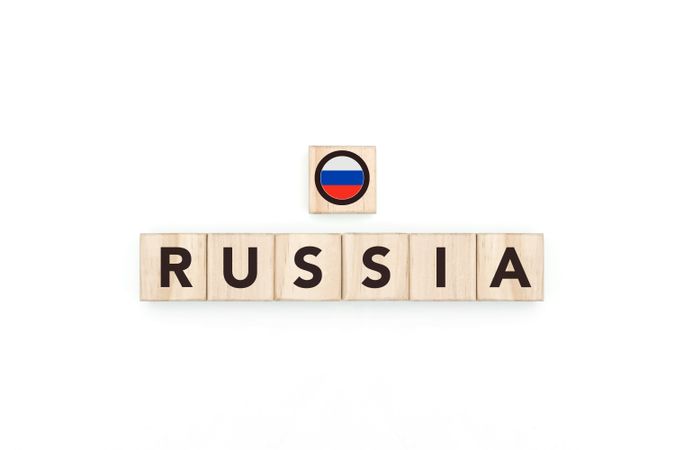 Wooden blocks bearing the name and flag of Russia.