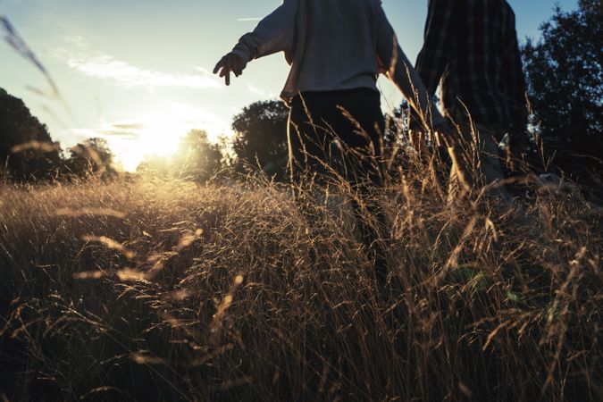 Loving couple walking in golden rural field