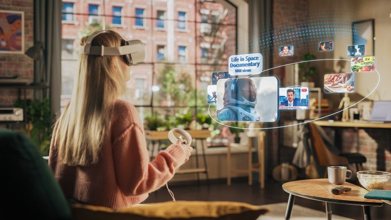 Woman Sitting in Loft Living Room at Home, Using Virtual Reality Headset with Controllers to Check Social Media Streaming App