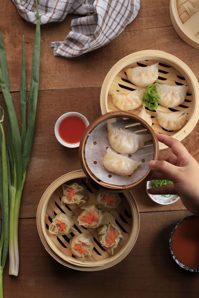 Top View Various Dimsum on Bamboo Steamer.