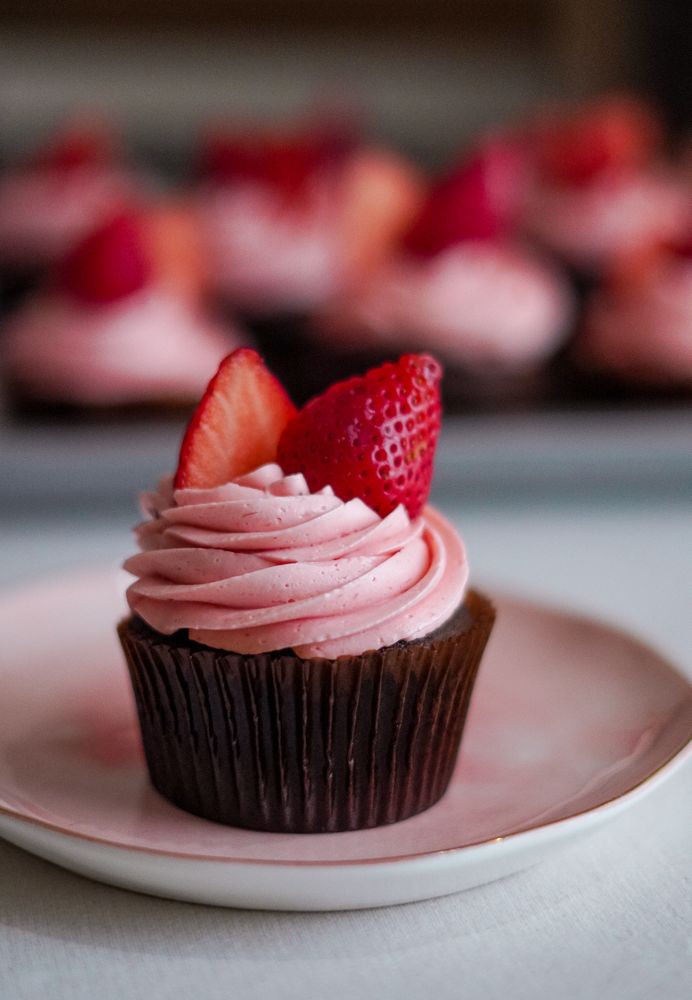 Close up of strawberry chocolate cupcake