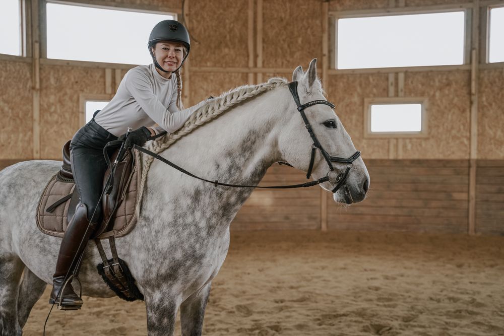 Rider riding dapple gray horse in round arena