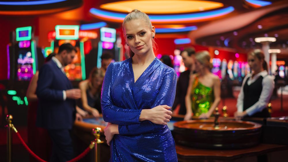 In a Modern Casino Setting: Gorgeous Blond Woman Posing Confidently
