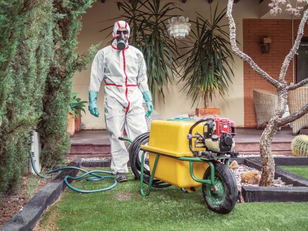 Specialist in uniform for fumigation holding yellow trolley in yard