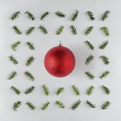 Red holiday decorations surrounded with branches arranged around it on light background