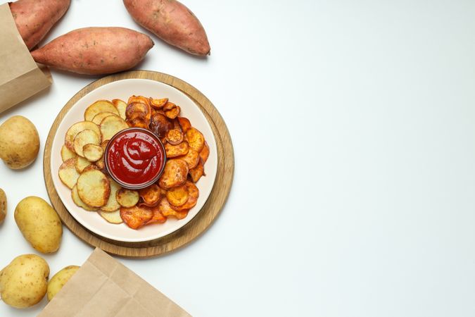 Concept of tasty food, fried sweet potato, space for text