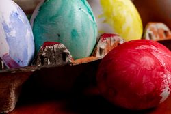 Set of painted Easter eggs in container on table