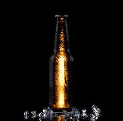 Ice cold bottle of beer on dark background