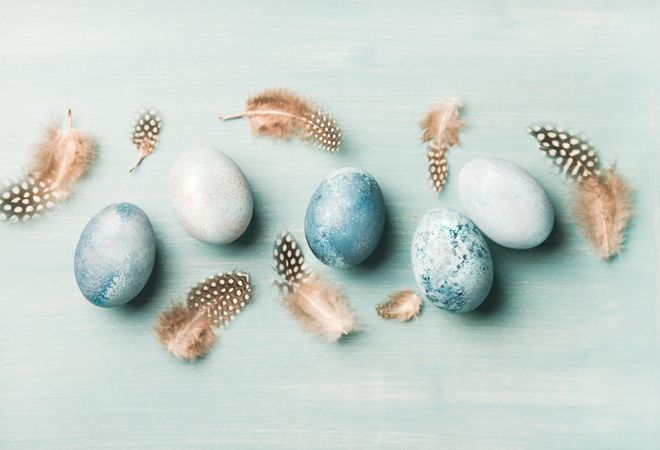 Hand-painted bird eggs on light blue background
