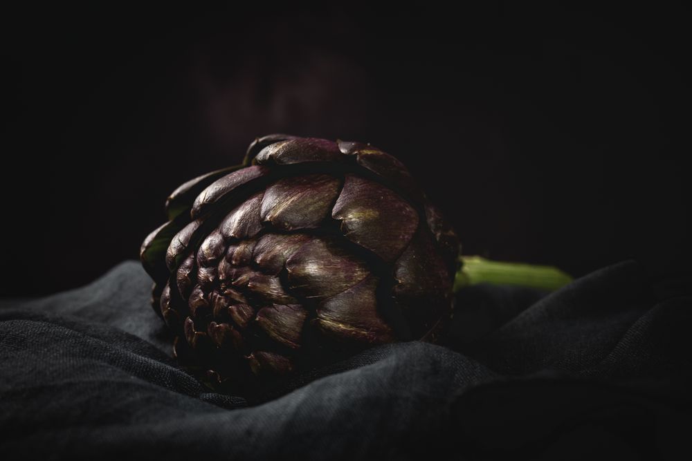 Fresh raw purple artichokes on dark background.