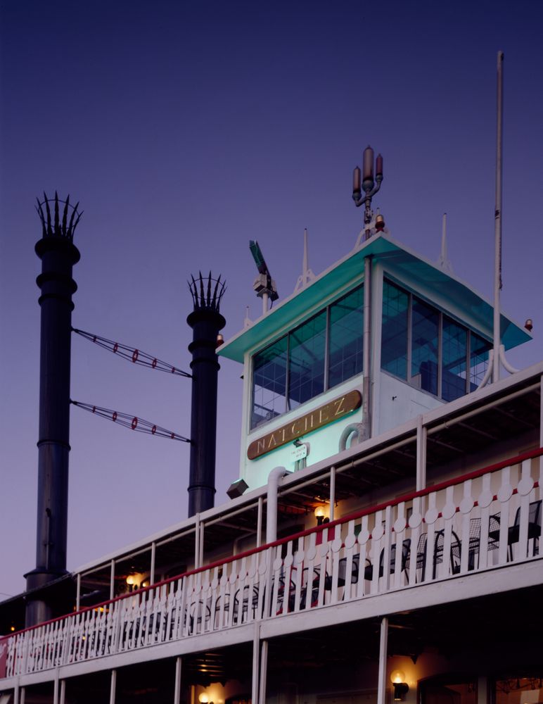 Smokestacks and bridge of a steamboat docked at Jackson Square, Mississippi