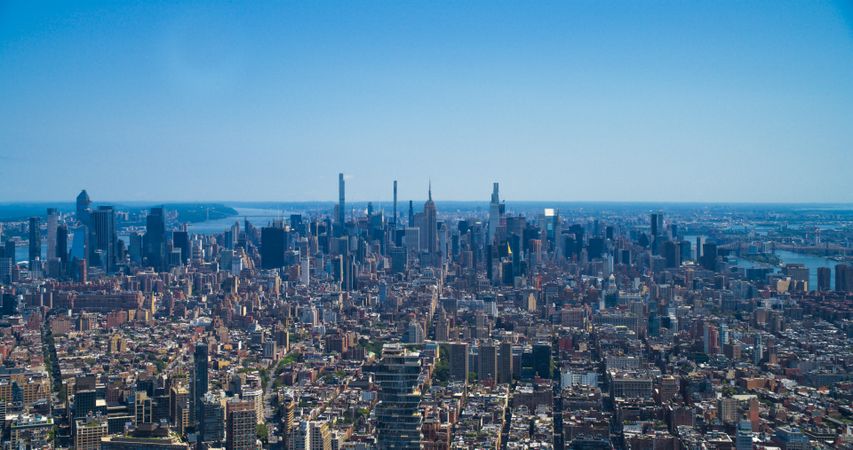 Scenic Aerial New York City View Towards Lower Manhattan Architecture. Panoramic Footage of Midtown Financial District from a Helicopter. Cityscape with Office Buildings and Skyscrapers