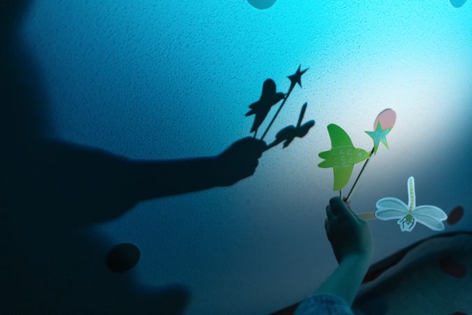 Crop child holding paper bird and fly in light creating shadow
