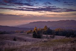 Gradient peach and purple sunset over mountain trees