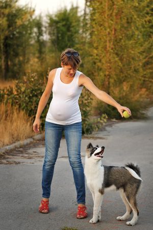 Woman with tennis ball with husky dog