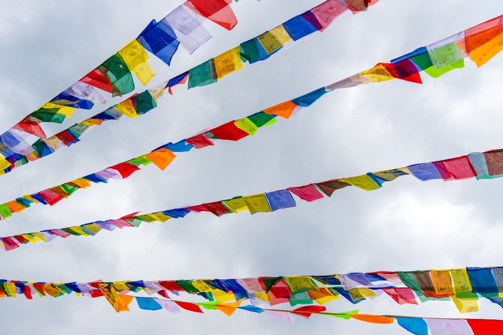Multi-colored tissues hung in the sky