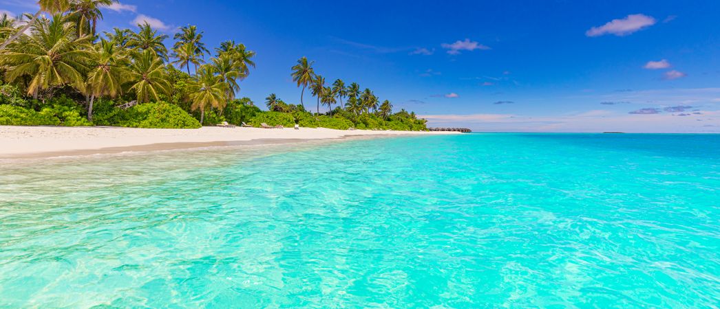 Wide shot of a beach front in the Maldives