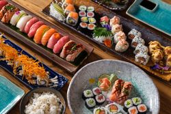Appetizing sushi on wooden trays