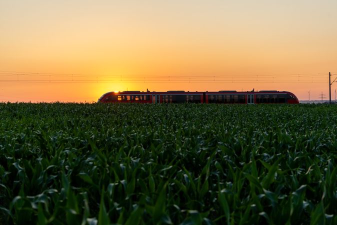 Train traveling at sunrise through agricultural fields in Germany