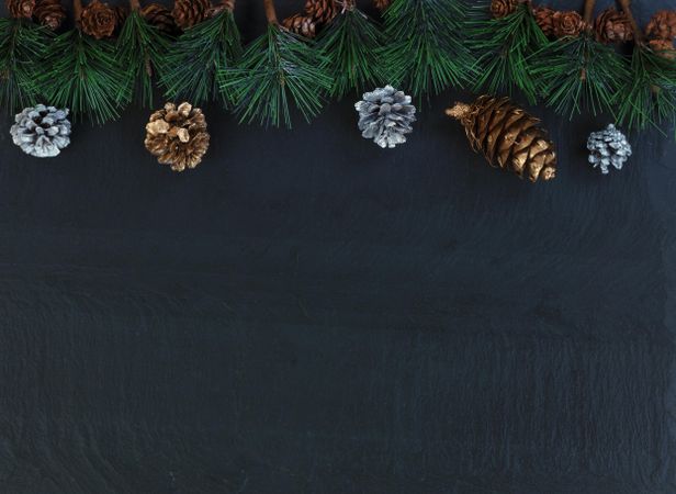 Christmas top border on dark stone with silver and gold pinecones plus fir branches