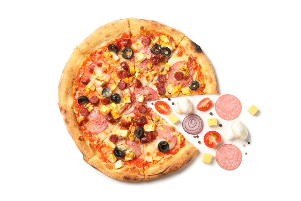 Tasty pizza and ingredients isolated on plain background