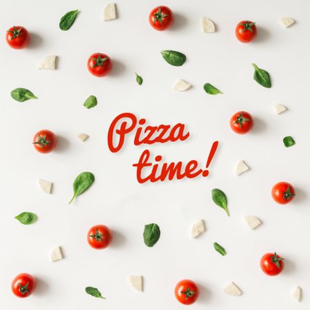 Basil, tomatoes, and cheese on light background with “Pizza time!” text