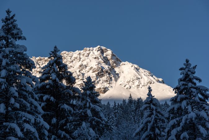Snow-covered mountain peaks on a beautiful sunny day, in the Bavarian Alps