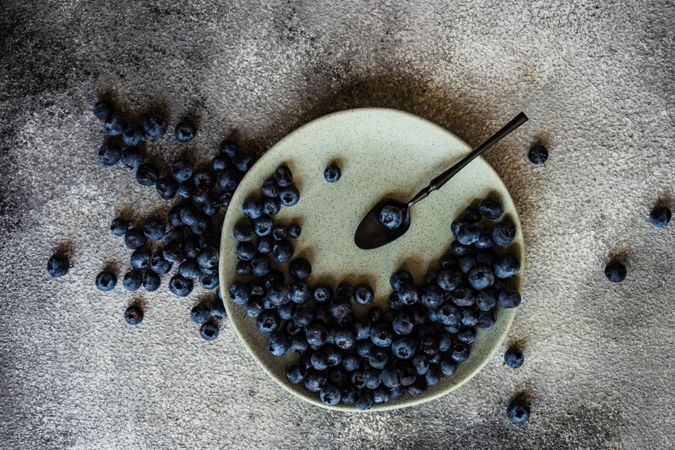Organic blueberries on plate on concrete counter