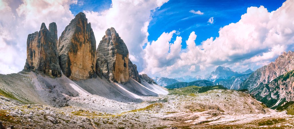 Tre Cime di Lavaredo panoramic view, Dolomiti Italian Alps, Veneto, Italy