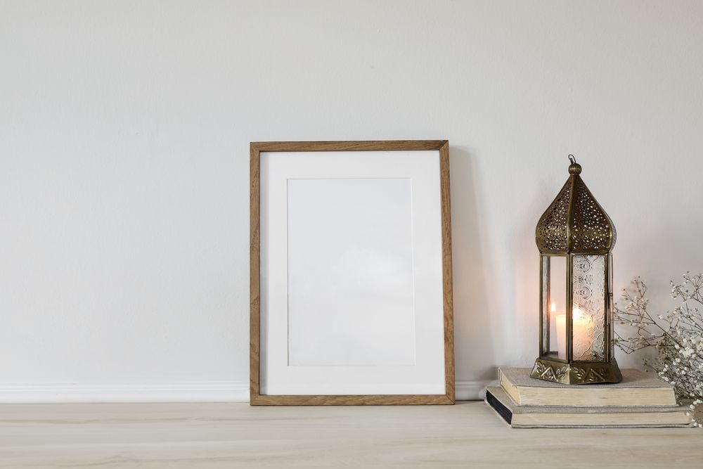 Wooden picture frame mockup for Eid ul Fitr holiday celebration