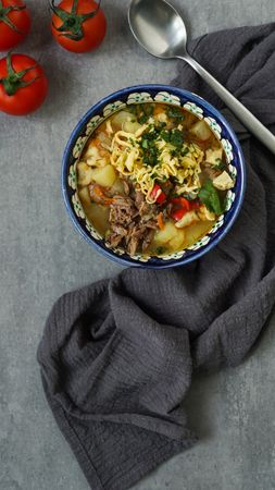 Manpar soup with pasta, traditional soup of middle asia