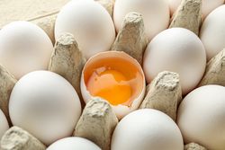 chicken eggs in carton box as background, closeup