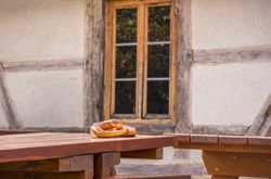 Pretzel on table in a rustic German decor