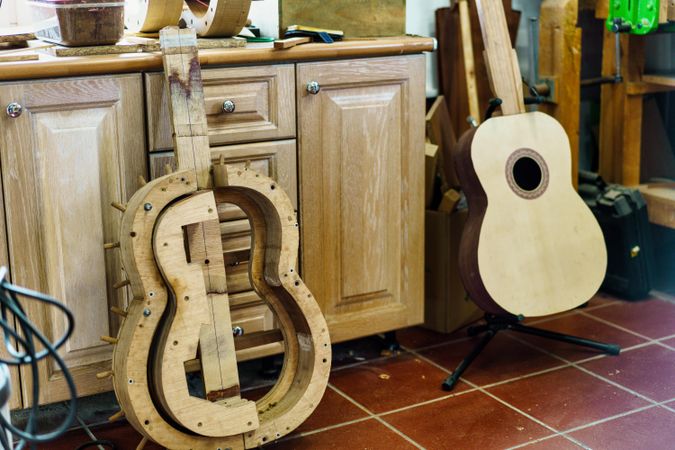Guitar frame in woodworkers shop